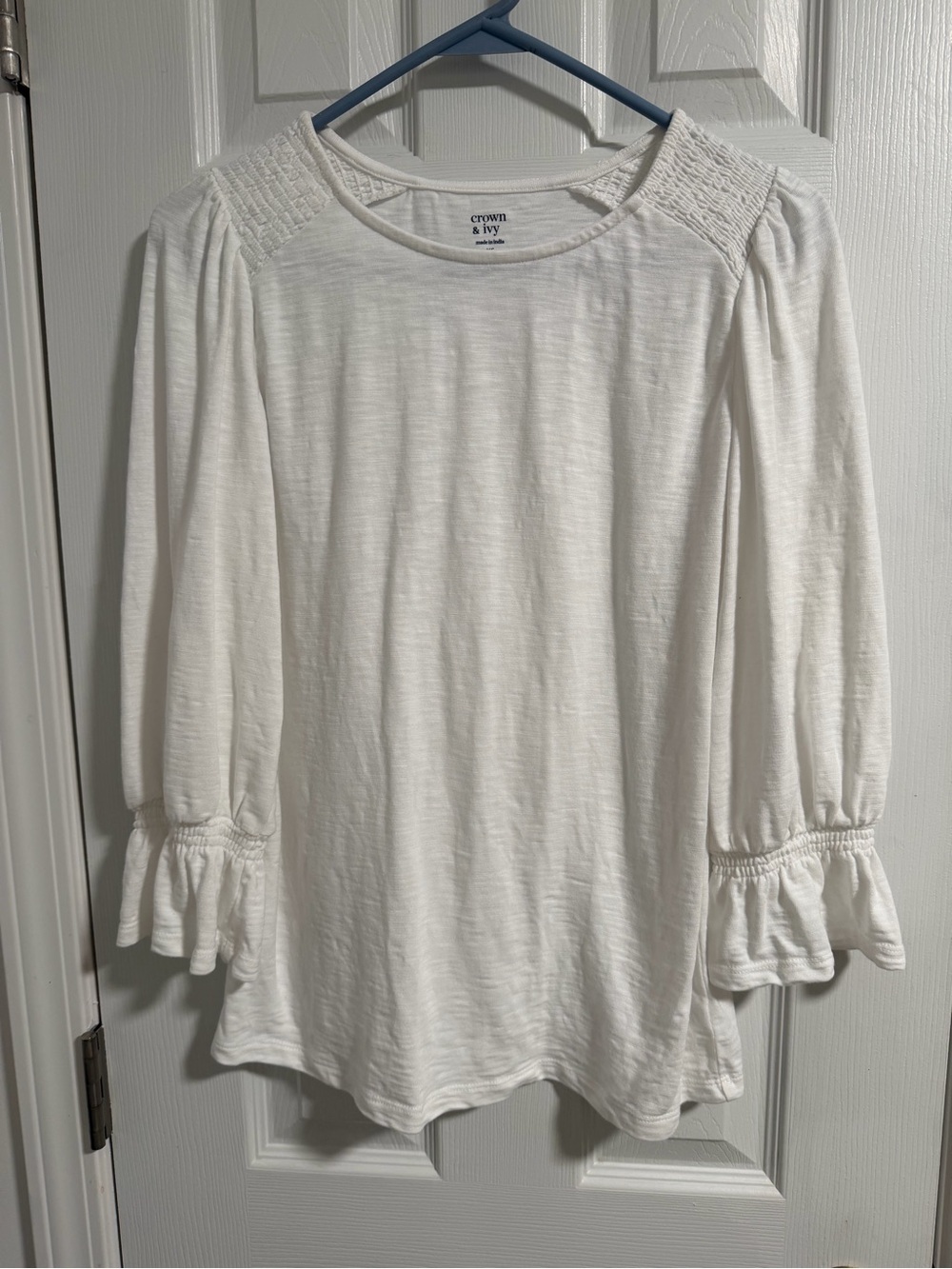 crown & ivy White Smocked Shoulder Ruffle Cuff Long Sleeve Top